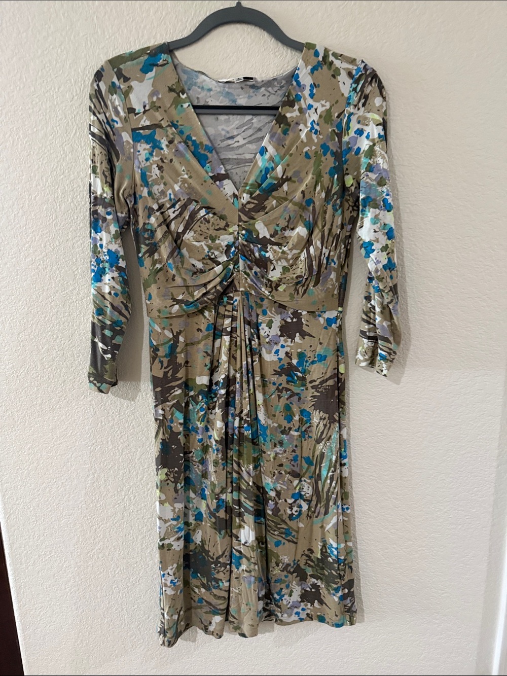 CAbi Olive Floral Ruched V-Neck Long Sleeve Dress with Blue Accents